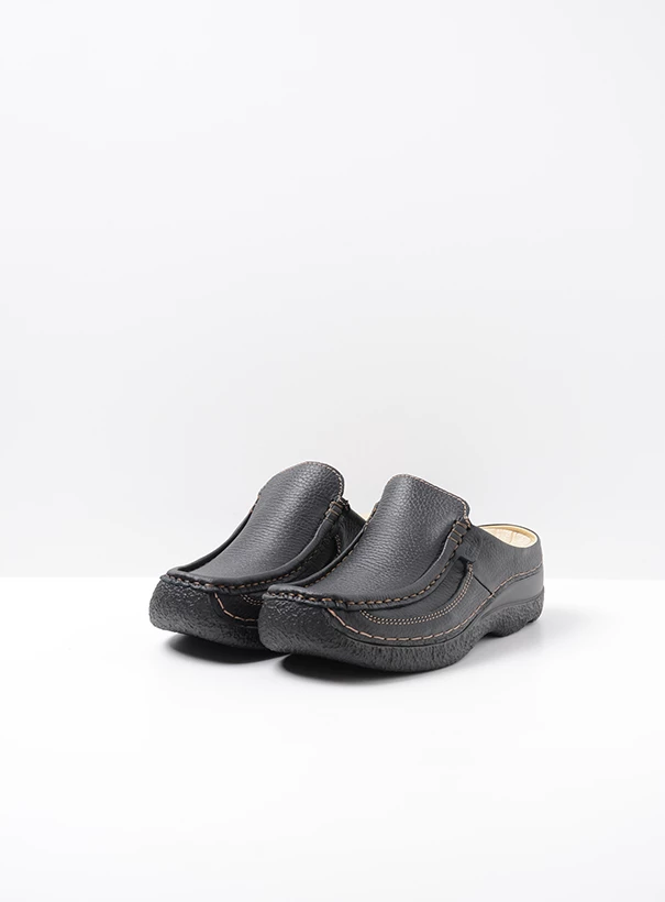 wolky comfort shoes 06202 roll slide 70000 black printed leather front