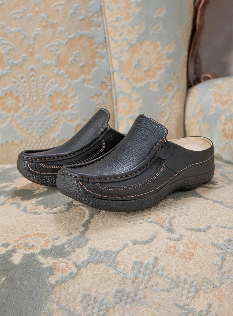 wolky comfort shoes 06202 roll slide 70000 black printed leather sfeer